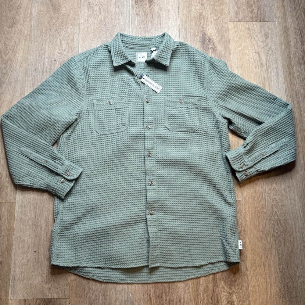 NEW ROWM Men's Large Green Waffle Knit Casual Button Up Lg